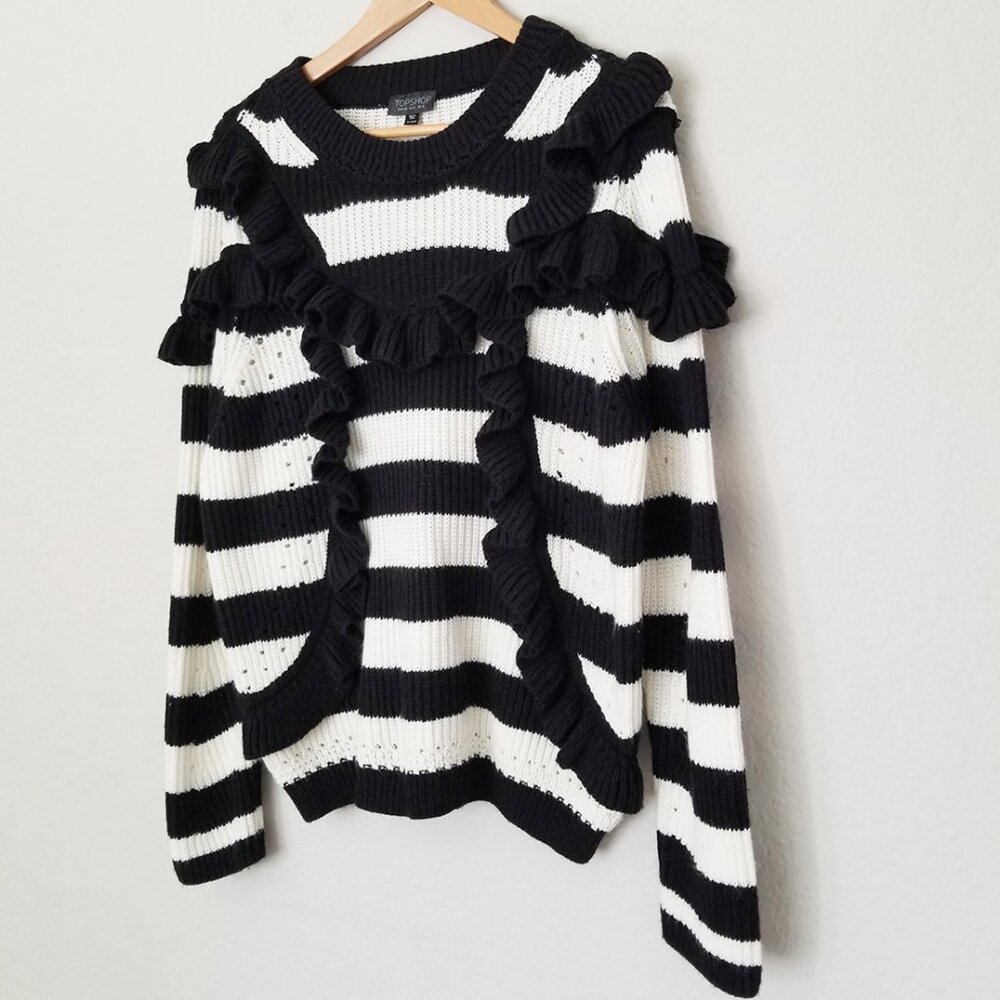 Topshop Humbug Ruffle Striped Knit Sweater Size 8 Black White Romantic Parisian - Picture 4 of 15